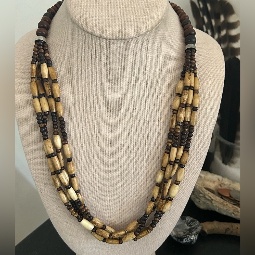 Vintage NY Earthy Multi-Strand Wood Beaded Necklace